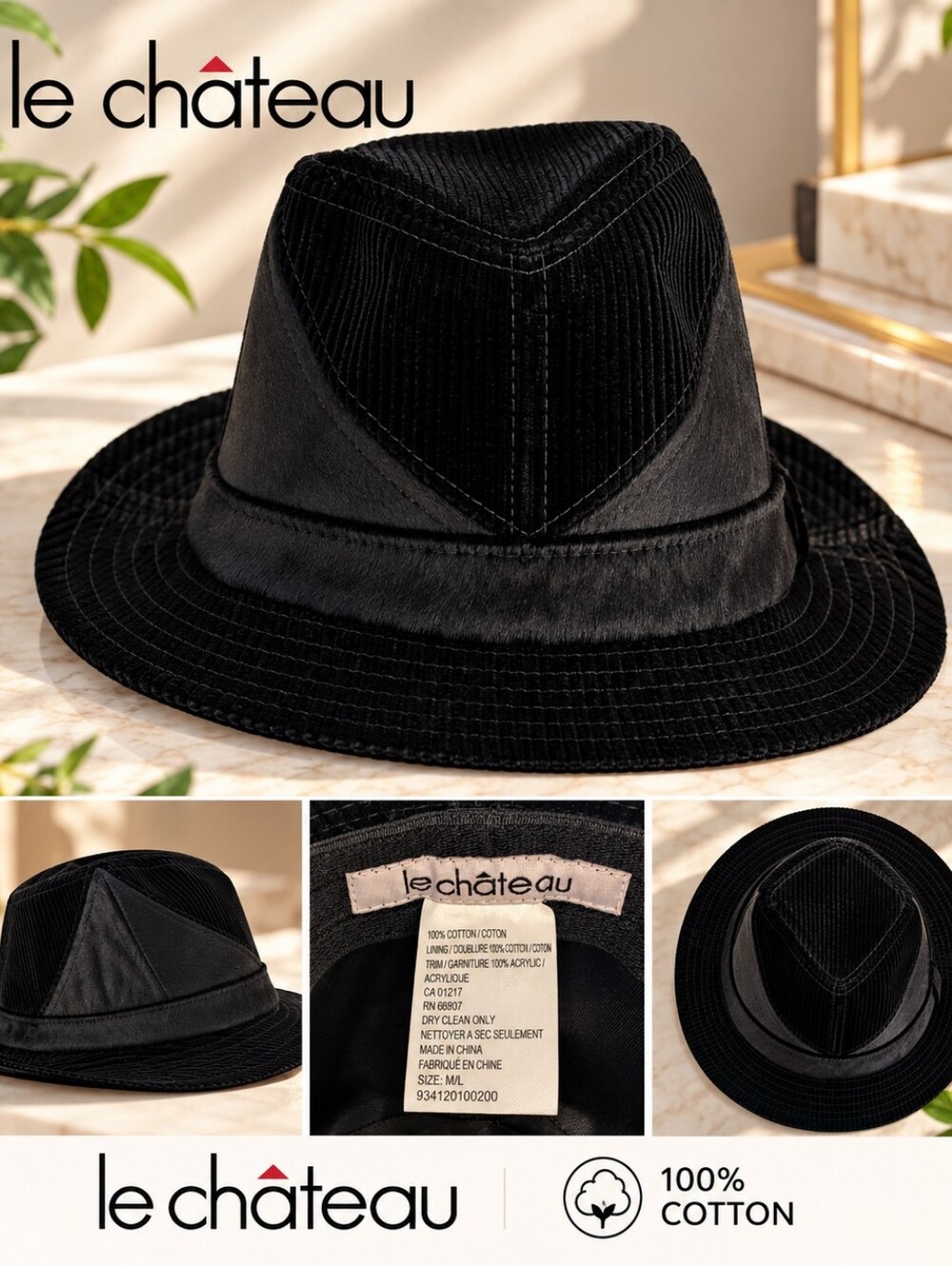 Le Château Black Textured Fedora Hat 100% Cotton Size M/L